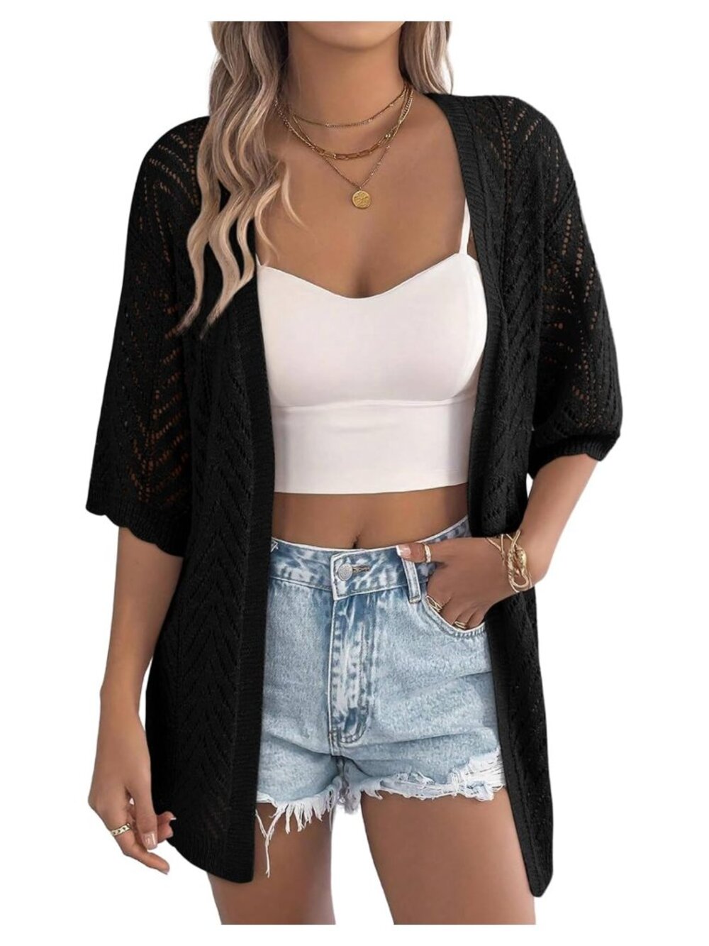 Women's Crochet Knit Short Sleeve Open Front Cardigan Sweater